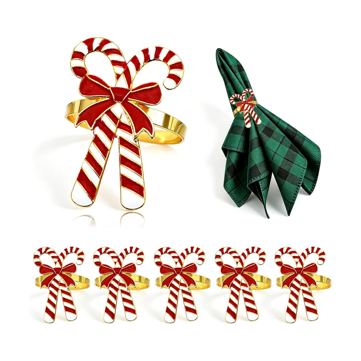 Christmas Candy Cane Napkin Ring Set of 6 for New Year Table Decor
