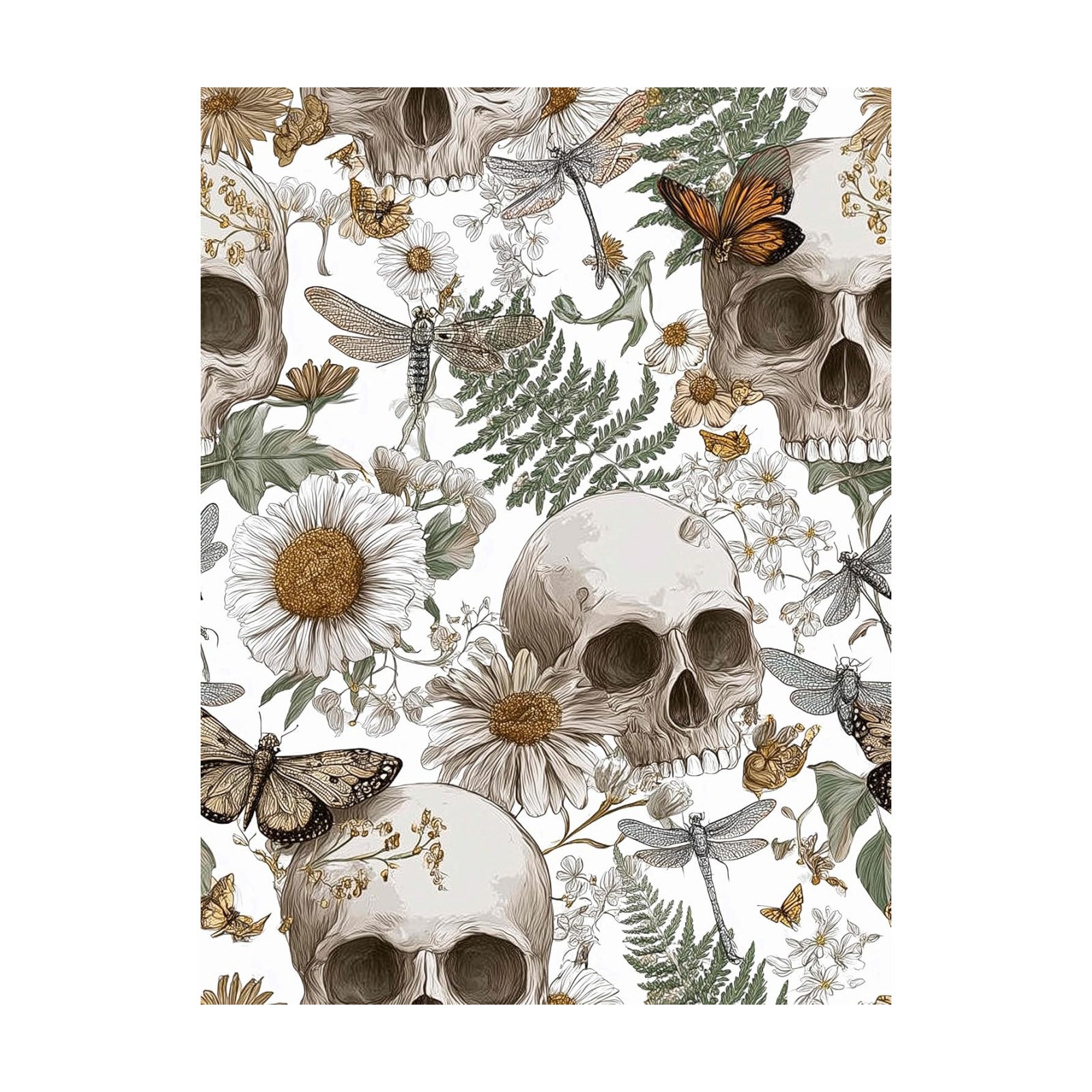 Skulls and Vintage Botanical Peel and Stick Wallpaper / 17.7 x 118.1 / Green/browns/white
