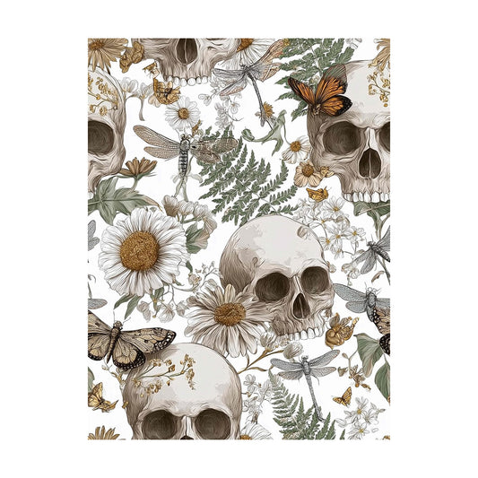 Skulls and Vintage Botanical Peel and Stick Wallpaper / 17.7 x 118.1 / Green/browns/white