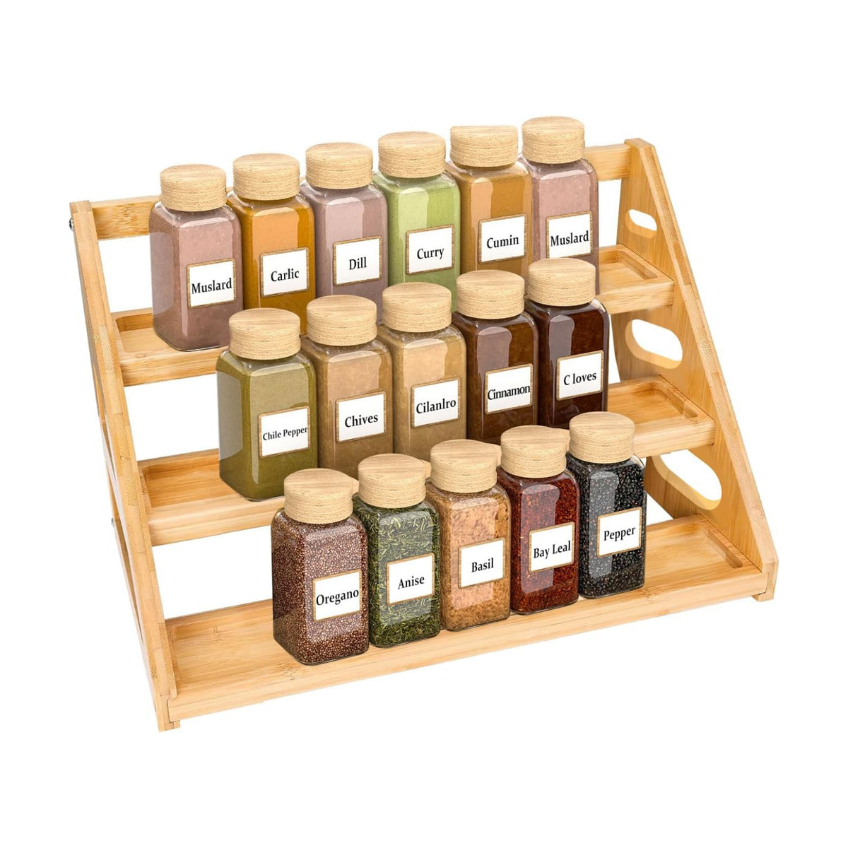 Spice Rack - Tiered Spice Rack Organization for Cabinet - 3 Tier Bamboo Display Spice Shelf for Countertop