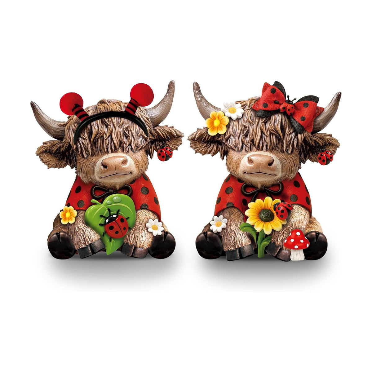 Karenhi 2 Pcs Highland Cow Figurines Resin, Ladybird Tabletop Decor