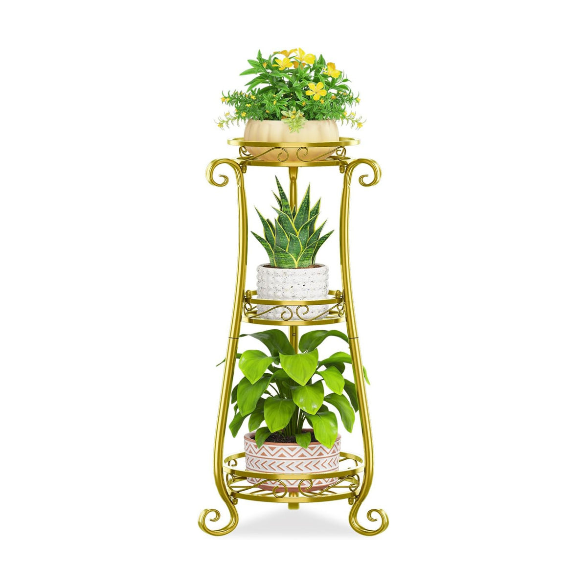 KMOTASUO 3 Tier Metal Plant Stand Tall for Indoor Outdoor Corner, Gold | Heavy Duty Flower Holder Rack, Modern Vertical