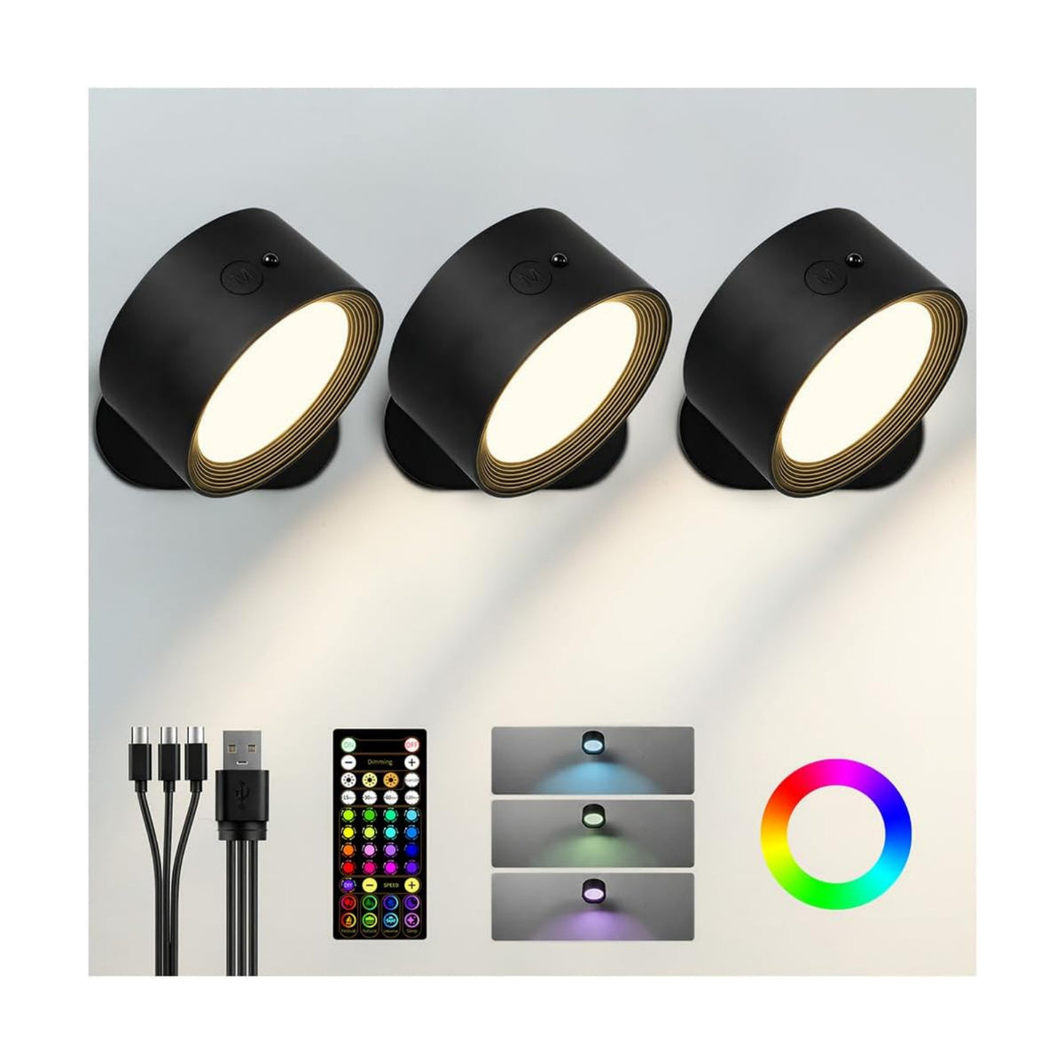 LED Wall Mounted Lights, Rechargeable Wall Sconces, 3 Color Temps, Remote & Touch, 360° Rotating and Dimmable for