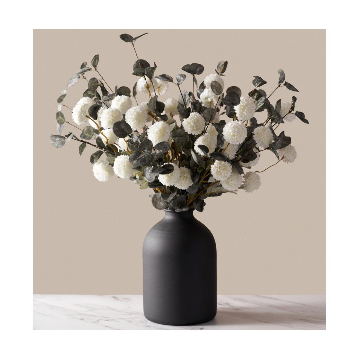 Laelfe 10 Kiku Artificial Flowers + 5 Large Eucalyptus Branches, Silk Fake White Flowers Pompon Mums (Ball Flower Stems) - Decor for Home, Centerpieces & Shower Arrangements(Vase not Included)