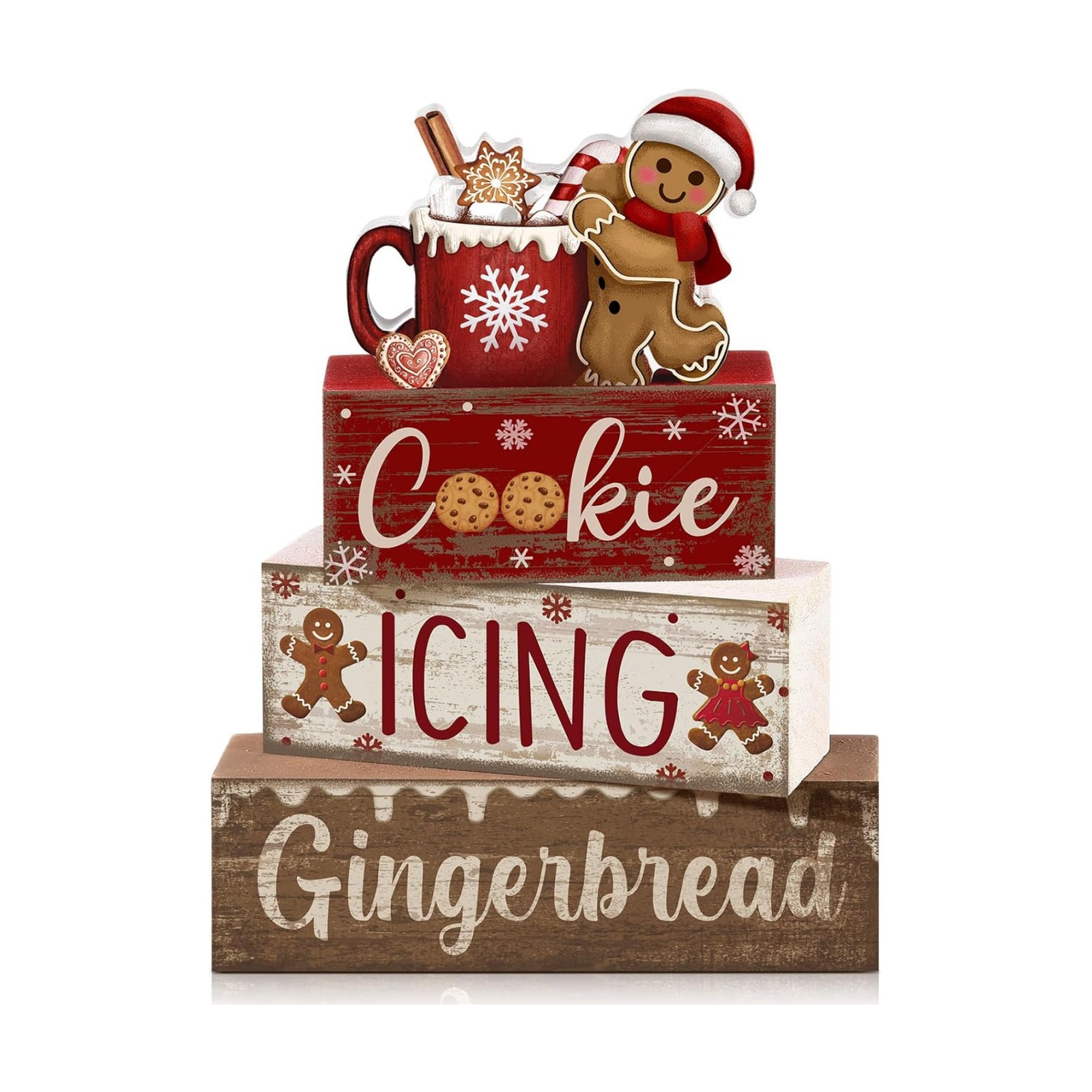 Moucuny 4 Pcs Christmas Table Decor Wooden Gingerbread Cocoa Block Signs