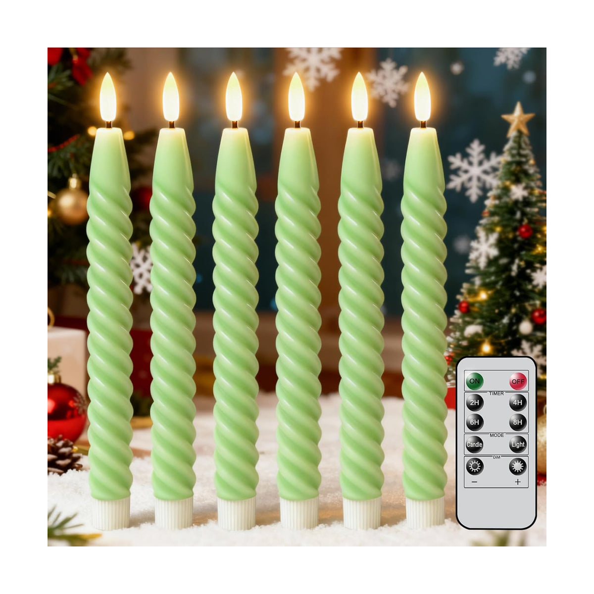 Green Flameless Taper Candles Flickering with Remote Timer | LED Spiral Taper Candles, Flameless Candlesticks, Battery