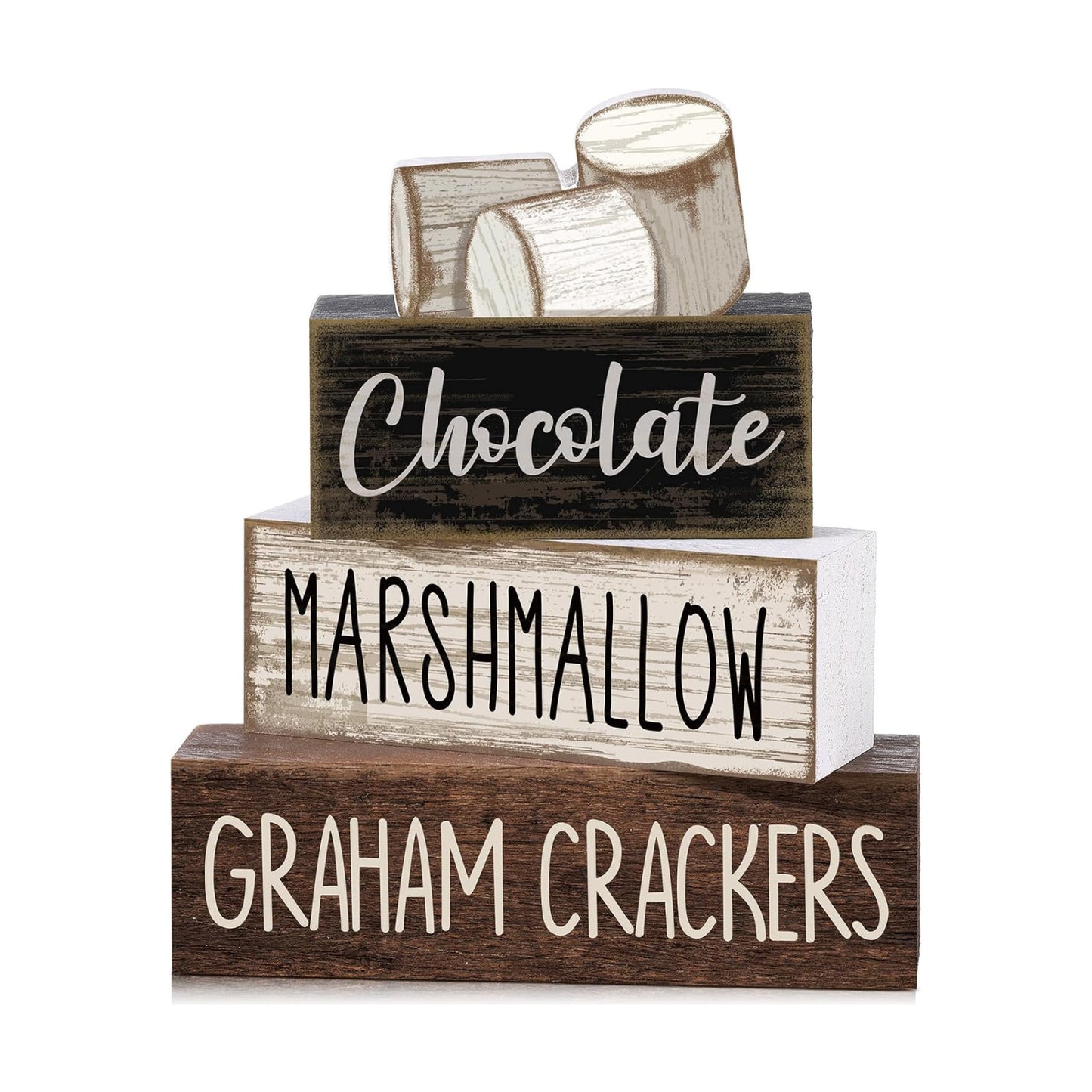 Moucuny 4 Pcs Wooden Block Signs Farmhouse Table Tiered Tray Smores Theme