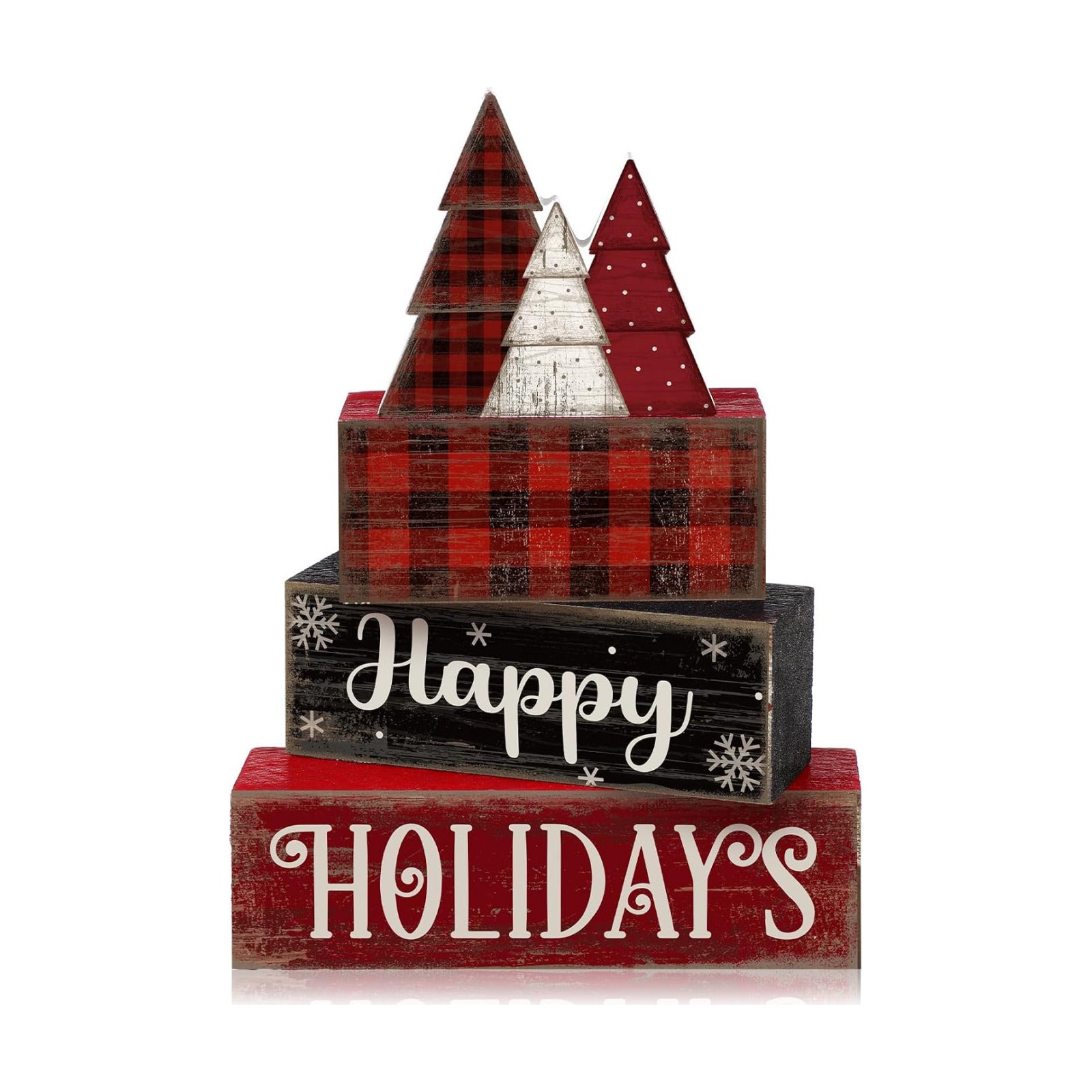 Moucuny 4 Pcs Wooden Block Signs Buffalo Plaid Holiday Farmhouse Decor