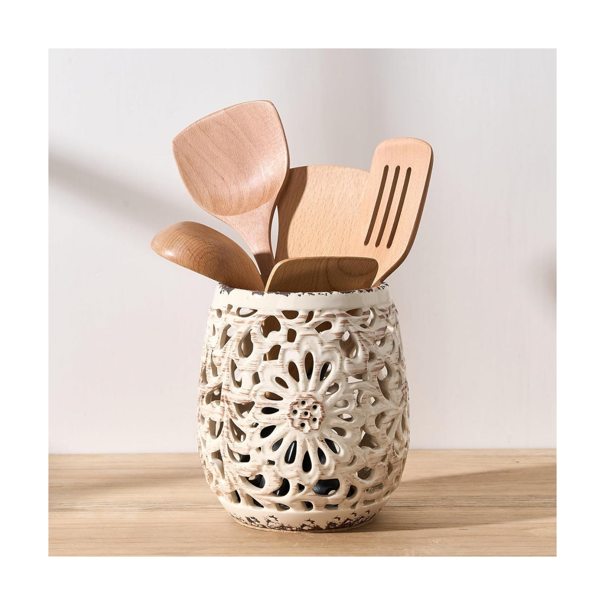 Farmhouse Kitchen Utensil Holder for Kitchen Counter, Ceramic Large Cooking Utensil Crock with Cork Mat, Countertop
