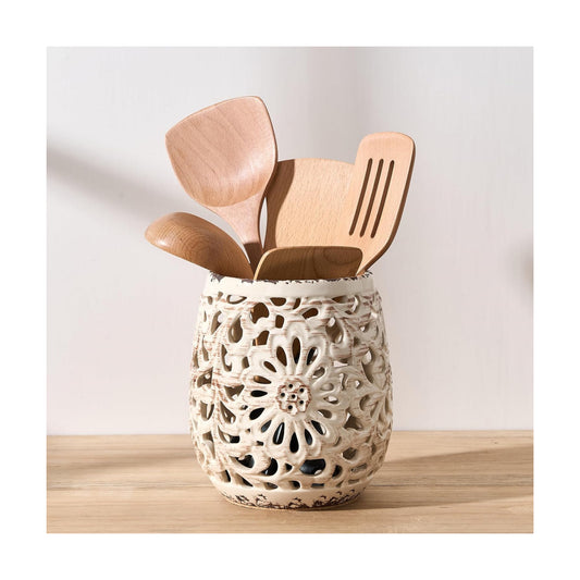 Farmhouse Kitchen Utensil Holder for Kitchen Counter, Ceramic Large Cooking Utensil Crock with Cork Mat, Countertop