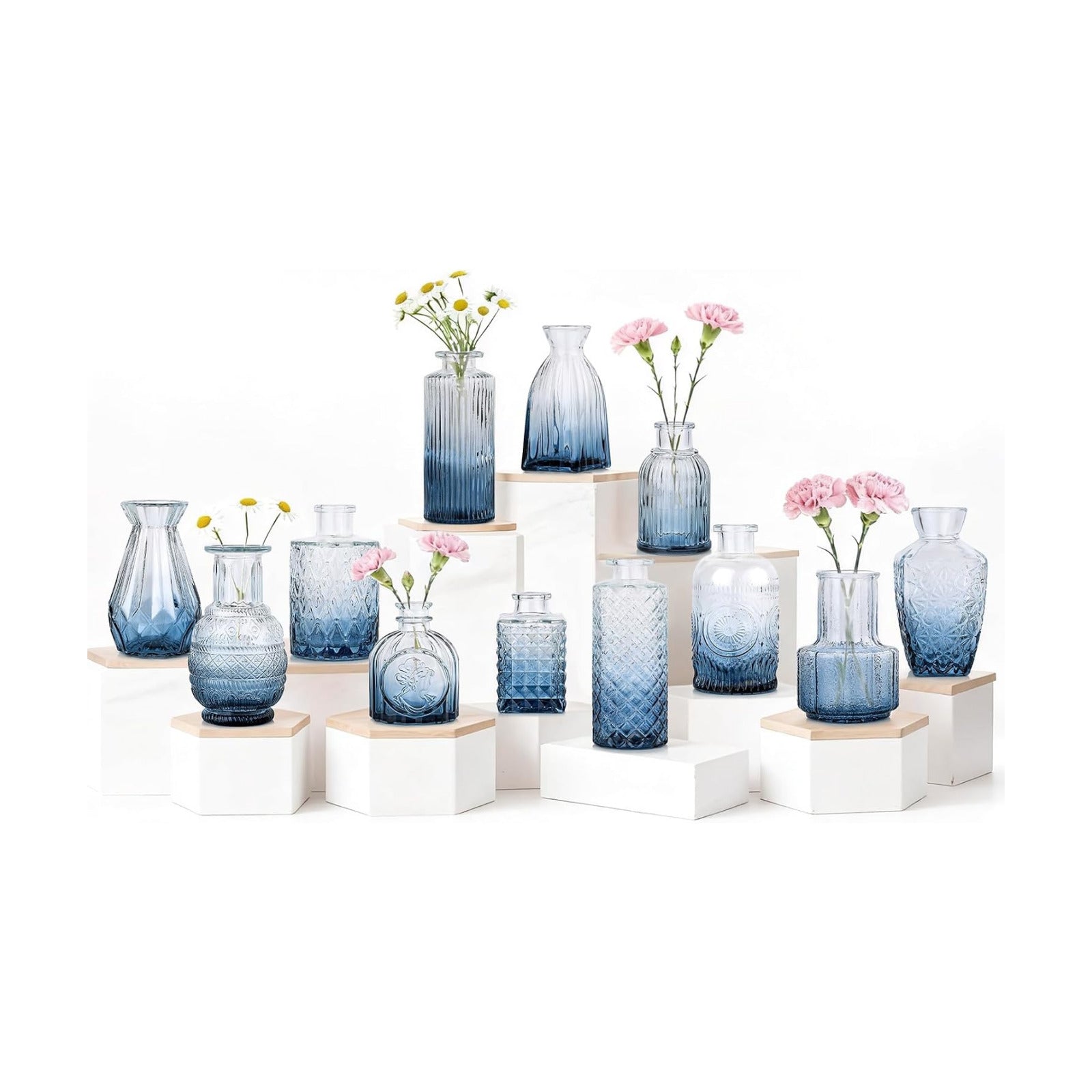 Small Mini Glass Vases for Centerpieces / Ombre Blue / Set of 12