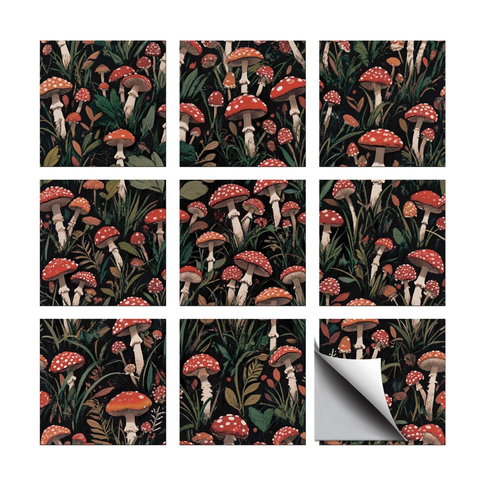 Vintage Texture Peel and Stick Tile Stickers / Mushrooms and Flowers / Set of 36