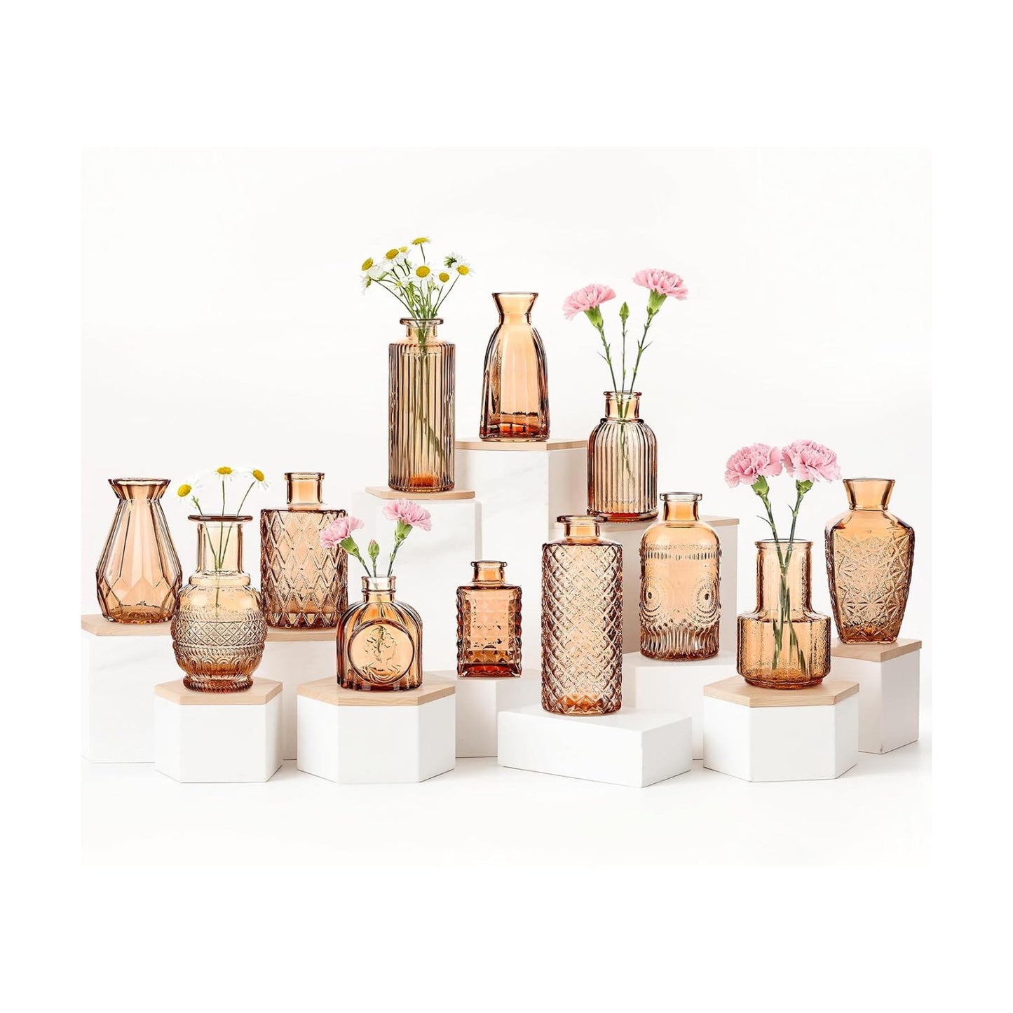 Small Mini Glass Vases for Centerpieces / Amber / Set of 12