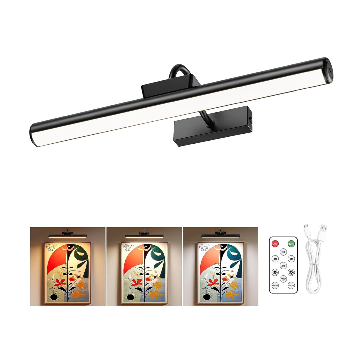 16" Wireless Picture Lights for Wall, Rechargeable Art Light, 1Pack Black | Aluminum Photo Frame Light, Remote & Touch