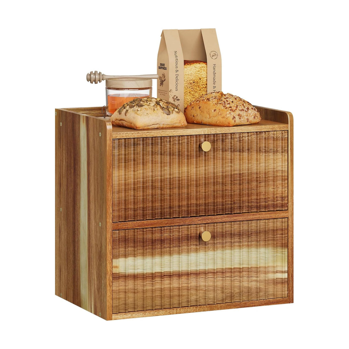 Trironsun Acacia Bread Box for Kitchen Countertop Wood Bread Storage Container Bin Double Layer BreadBox Farmhouse