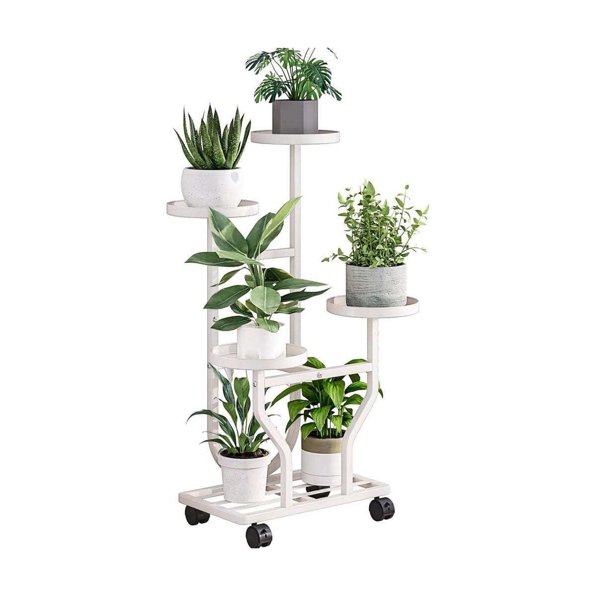 Plant Stand with Wheels, White 4 Tier Metal Plant Shelf for Indoor Outdoor | Corner Plants Stand Indoor for Bedroom
