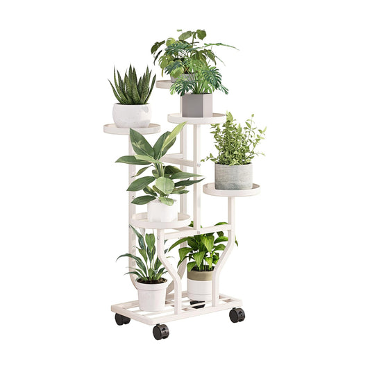 Plant Stand with Wheels, White 5 Tier Metal Plant Shelf for Indoor Outdoor | Corner Plants Stand Indoor for Bedroom