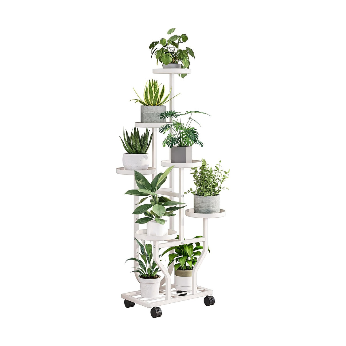 Plant Stand with Wheels, White 6 Tier Metal Plant Shelf for Indoor Outdoor | Corner Plants Stand Indoor for Bedroom