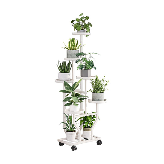 Plant Stand with Wheels, White 6 Tier Metal Plant Shelf for Indoor Outdoor | Corner Plants Stand Indoor for Bedroom