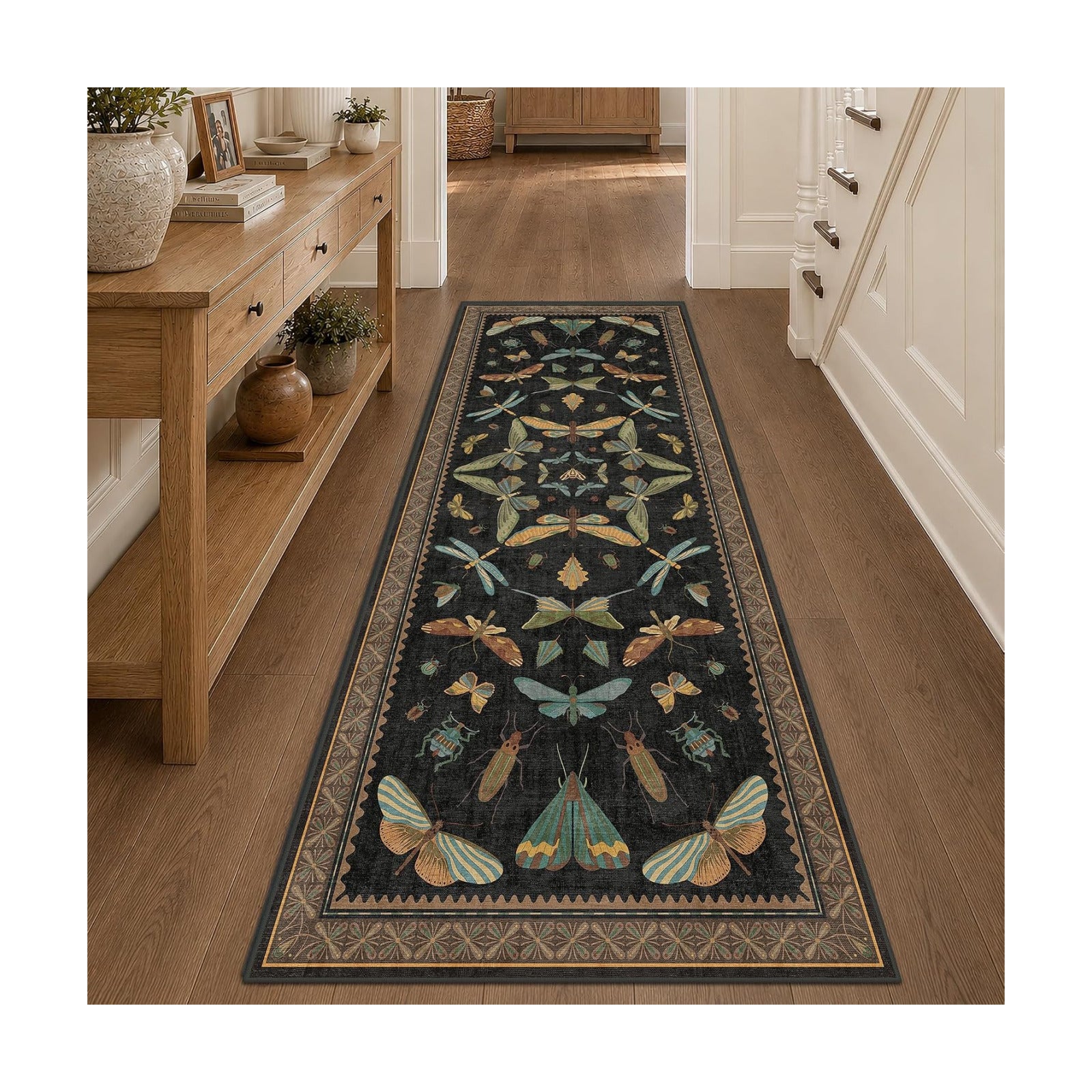 3x8 Green and Black Wide Hallway Runner Rugs - 8ft Washable Kitchen Floor Mats Non Slip, Floral & Insect Pattern Rug