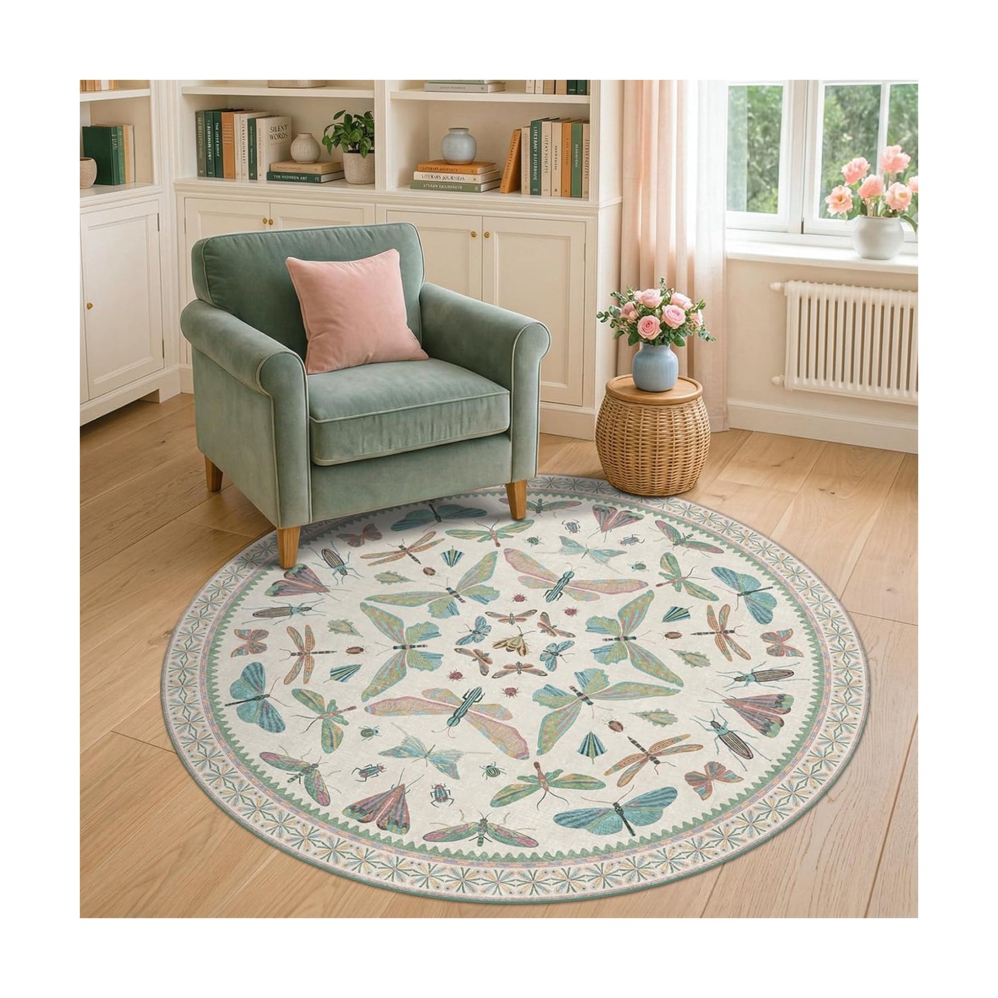 Insect Light Green 5ft Round Area Rug for Living Room - Washable Floral Fun Kids Rugs for Bedroom, Playroom, Boho &