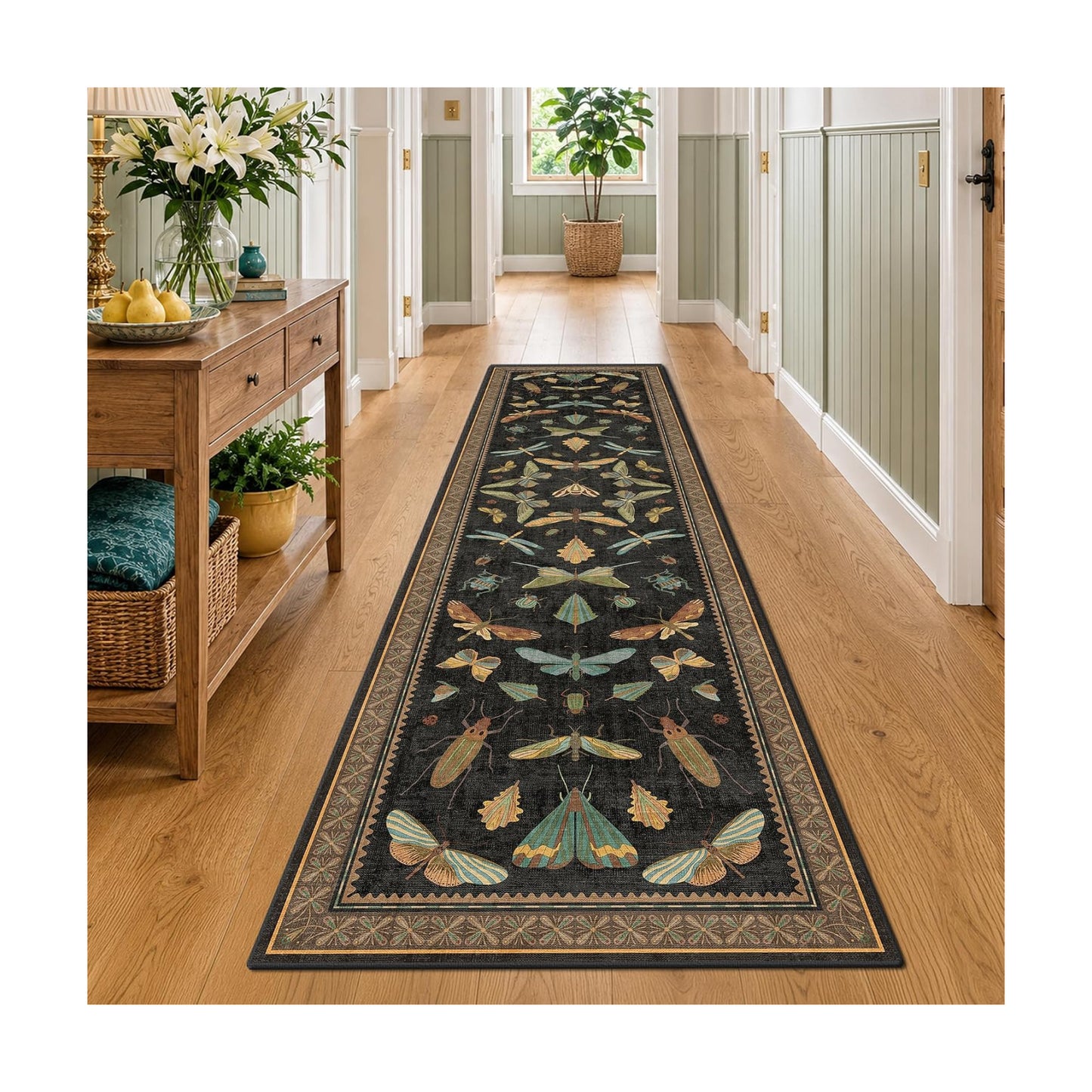 Vintage Insect 2x8 Black Entryway Runner Rug, Washable Non Slip Runners for Kitchen, Boho & Nature Long Rugs for