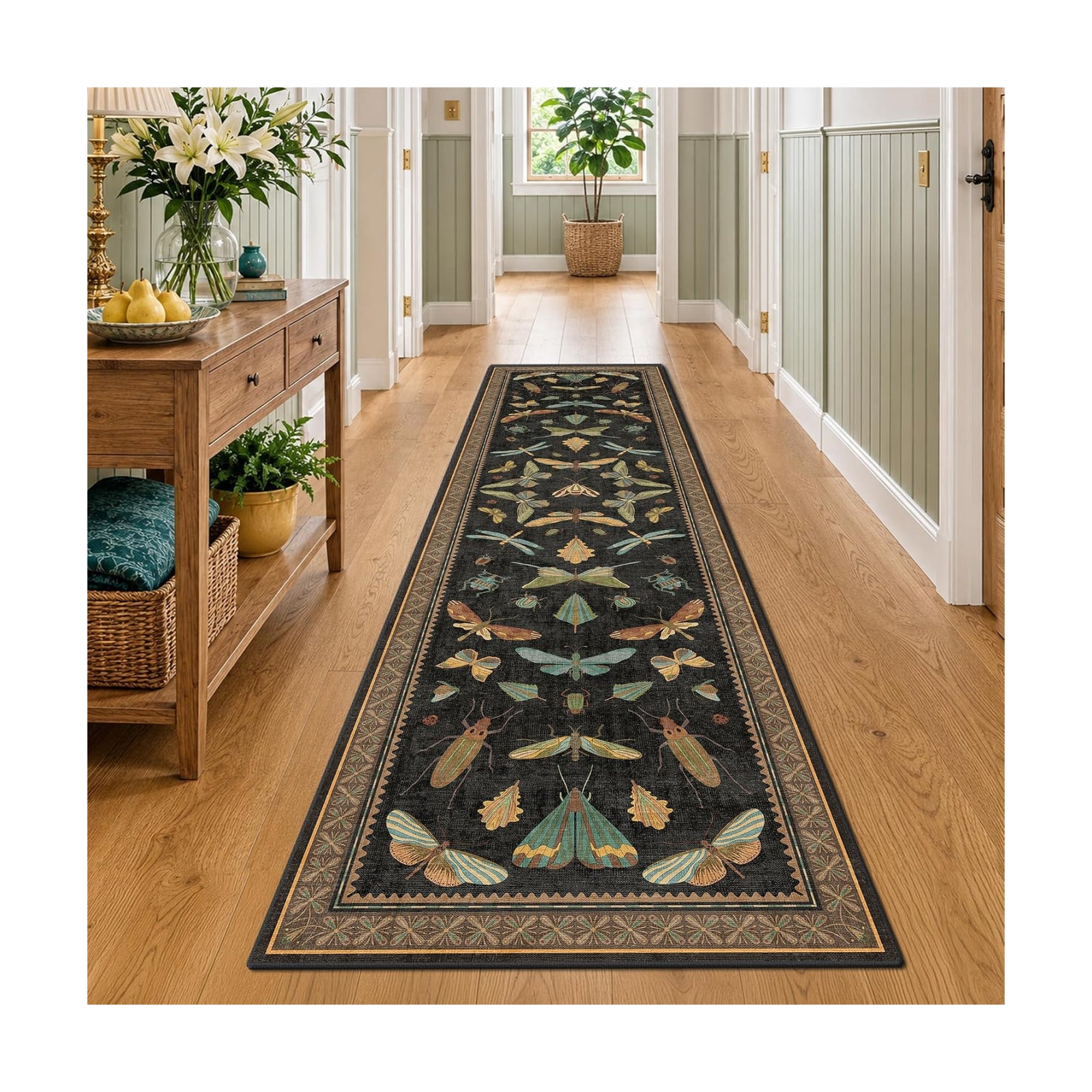 Vintage Insect 2x8 Black Entryway Runner Rug, Washable Non Slip Runners for Kitchen, Boho & Nature Long Rugs for