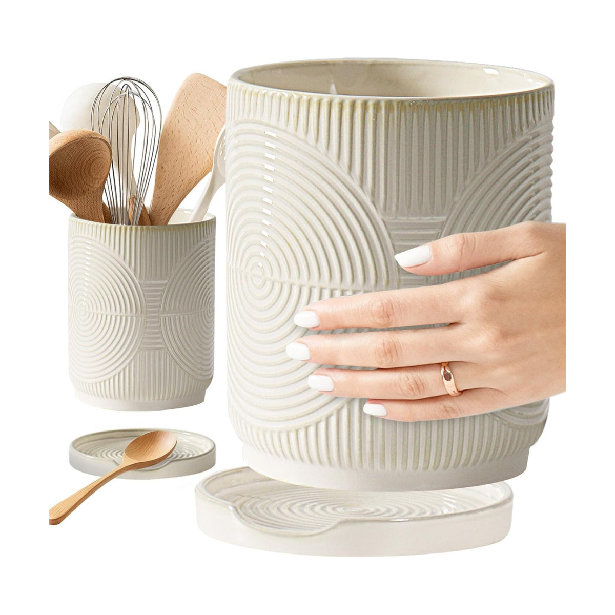 Utensil Holder, 7.2" Kitchen Utensil Holder for Counter, 2-in-1 Ceramic Cooking Utensils Holders with Spoon Rest