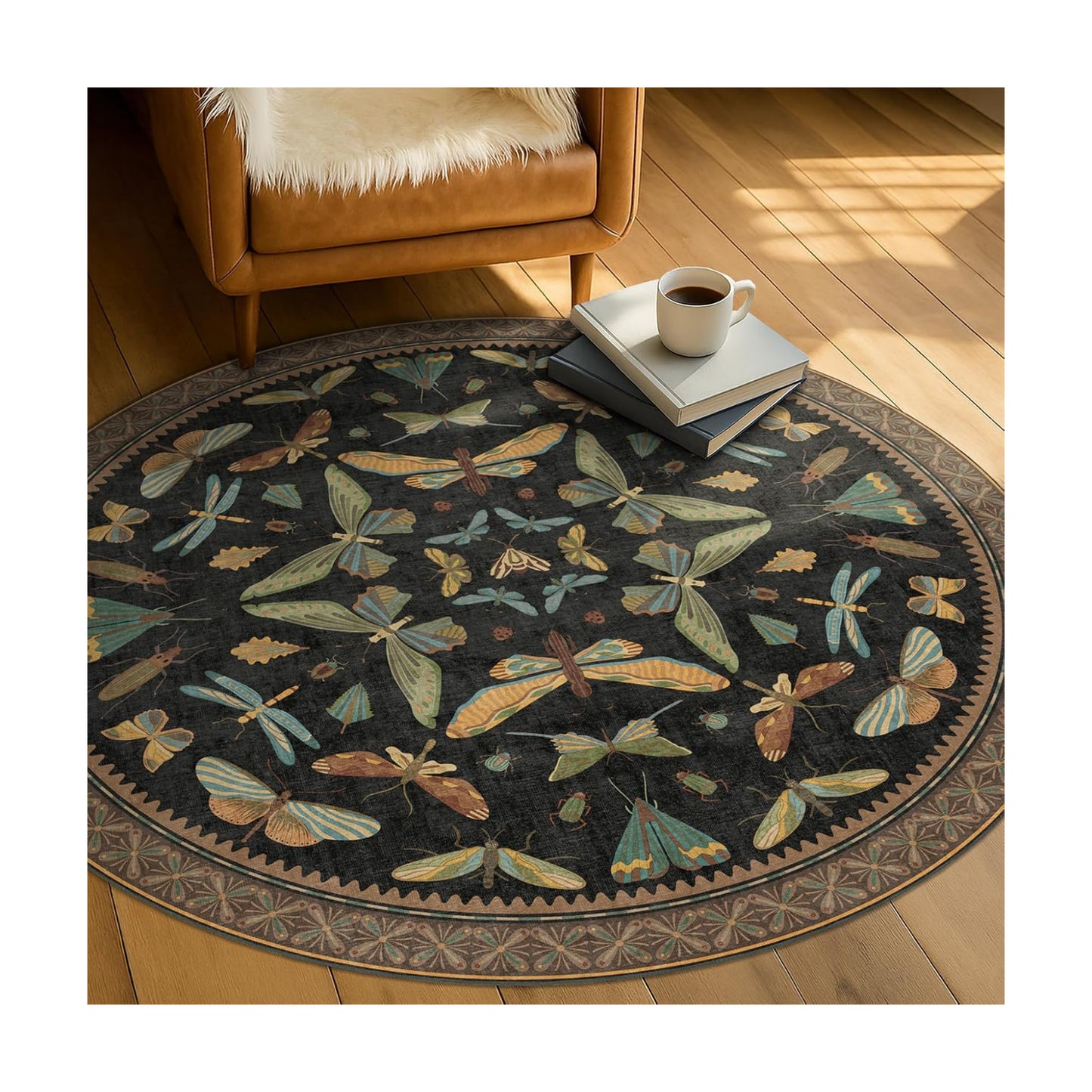 Black Boho 5ft Round Throw Rugs for Living Room - Dark Unique Insect Print Large Entryway Rug, Low Pile & Soft Carpet