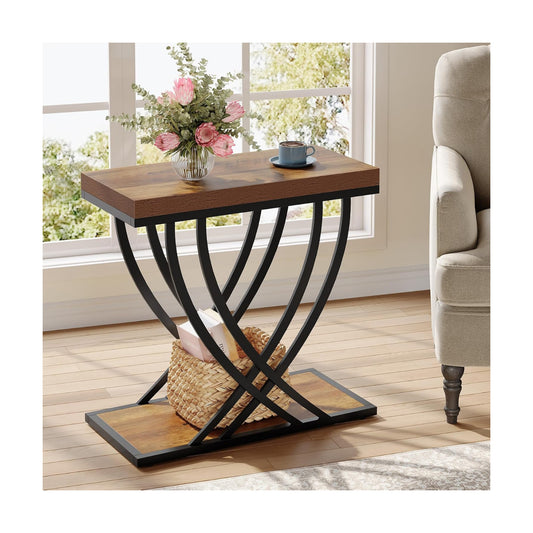 Metal Frame / 2-Tier Narrow End Table / Rustic Brown