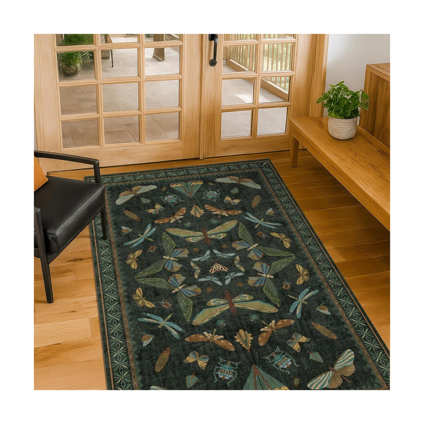 Dark Green Rug for Entryway Indoor- 3x6 Large Washable Kitchen Rug, Non Slip Insect & Floral Pattern Carpet for Entry