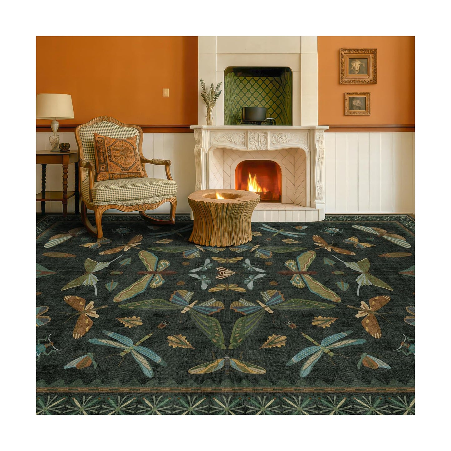 6x8 Dark Green Washable Dining Room Rug - Vintage Area Rug for Living Room, Bedroom Under Bed Low Pile & Soft, Insect