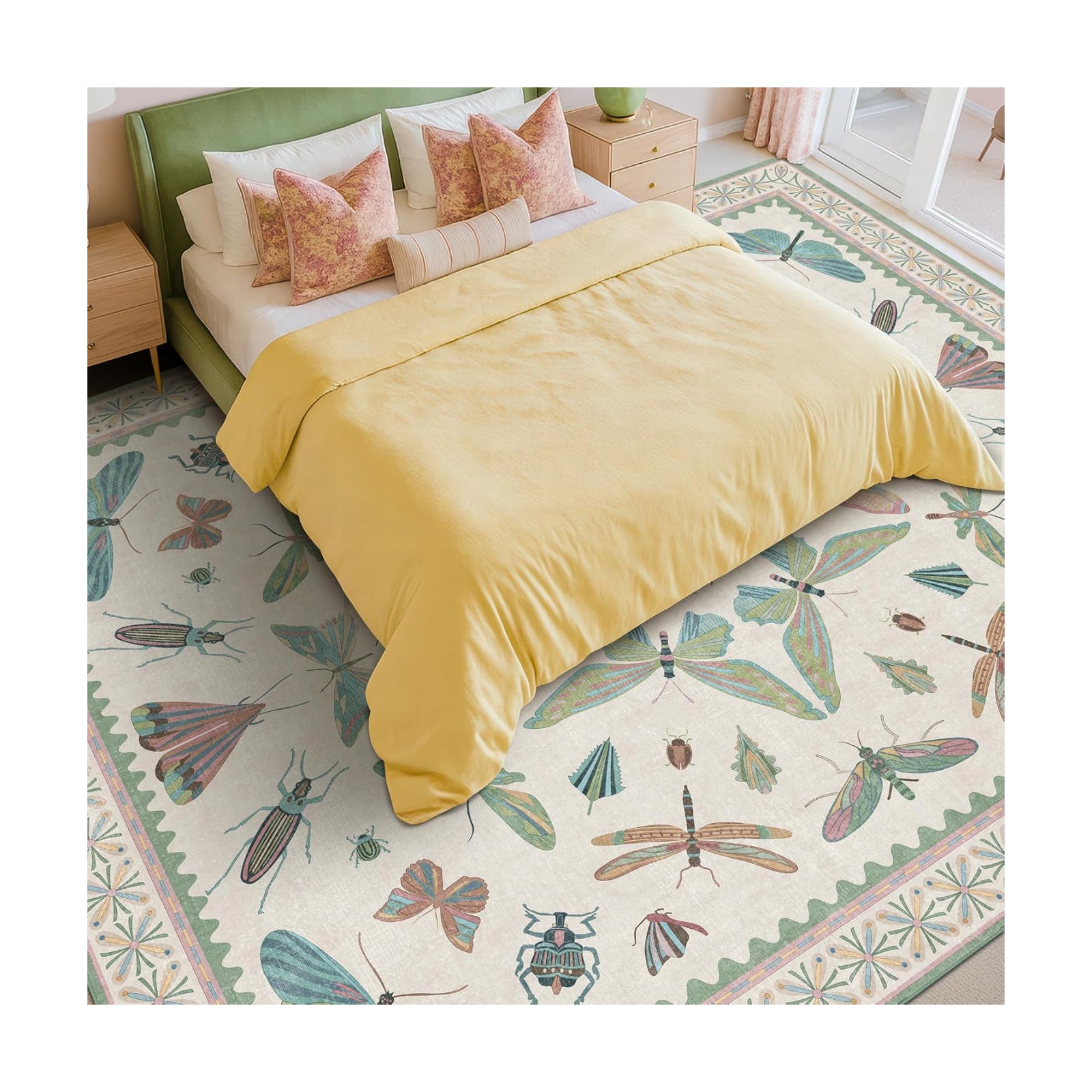 7x9 Green Butterfly Rugs for Kids Bedroom - Washable Insect Area Rug for Living Room, Dining Room Under Table, Boho