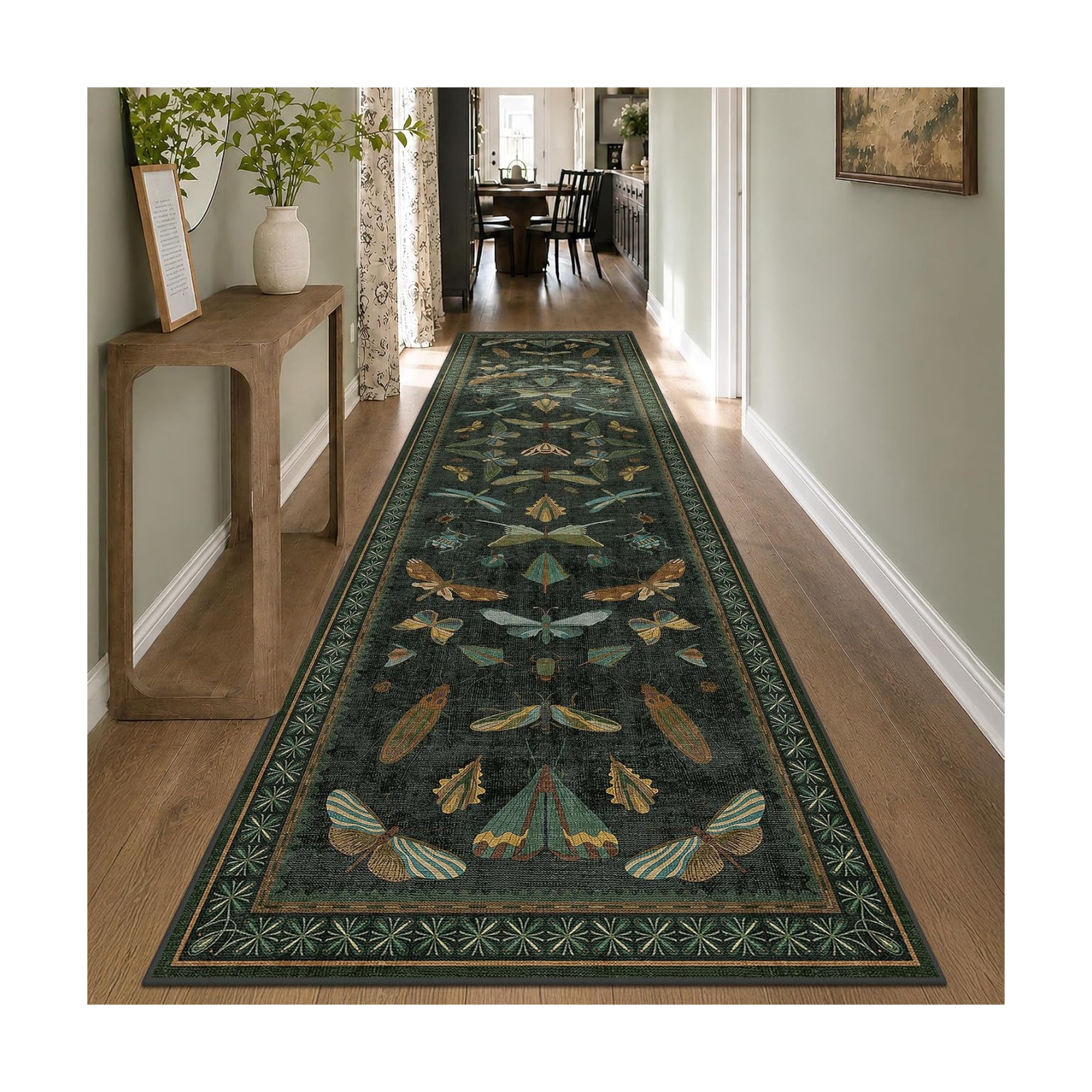 3x12 Long Hallway Runner Rug Non Slip - Washable Front Door Runner Indoor Entrance, Boho Nature Insect Stain Resistant