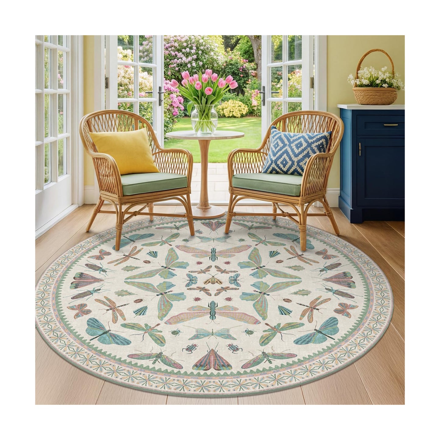 Hazo Haus Green and Blue Insect 6ft Round Soft Rugs for Nursery, Bedroom Beside Bed - Non Skid Rug Low Pile Washable