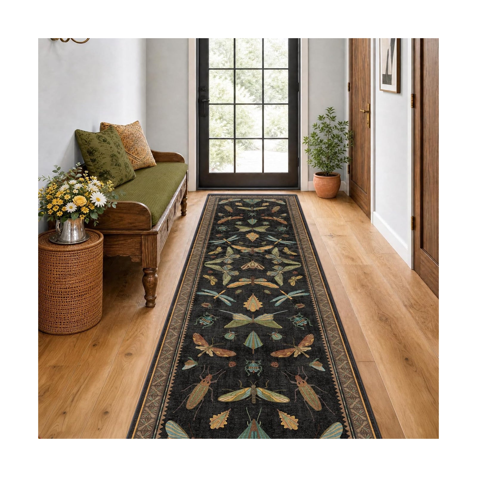 2x7 Black Non Slip Entryway Runner Rug, Boho Washable Runner for Hallway, Kitchen, Mudroom, Laundry Room, Nature Insect