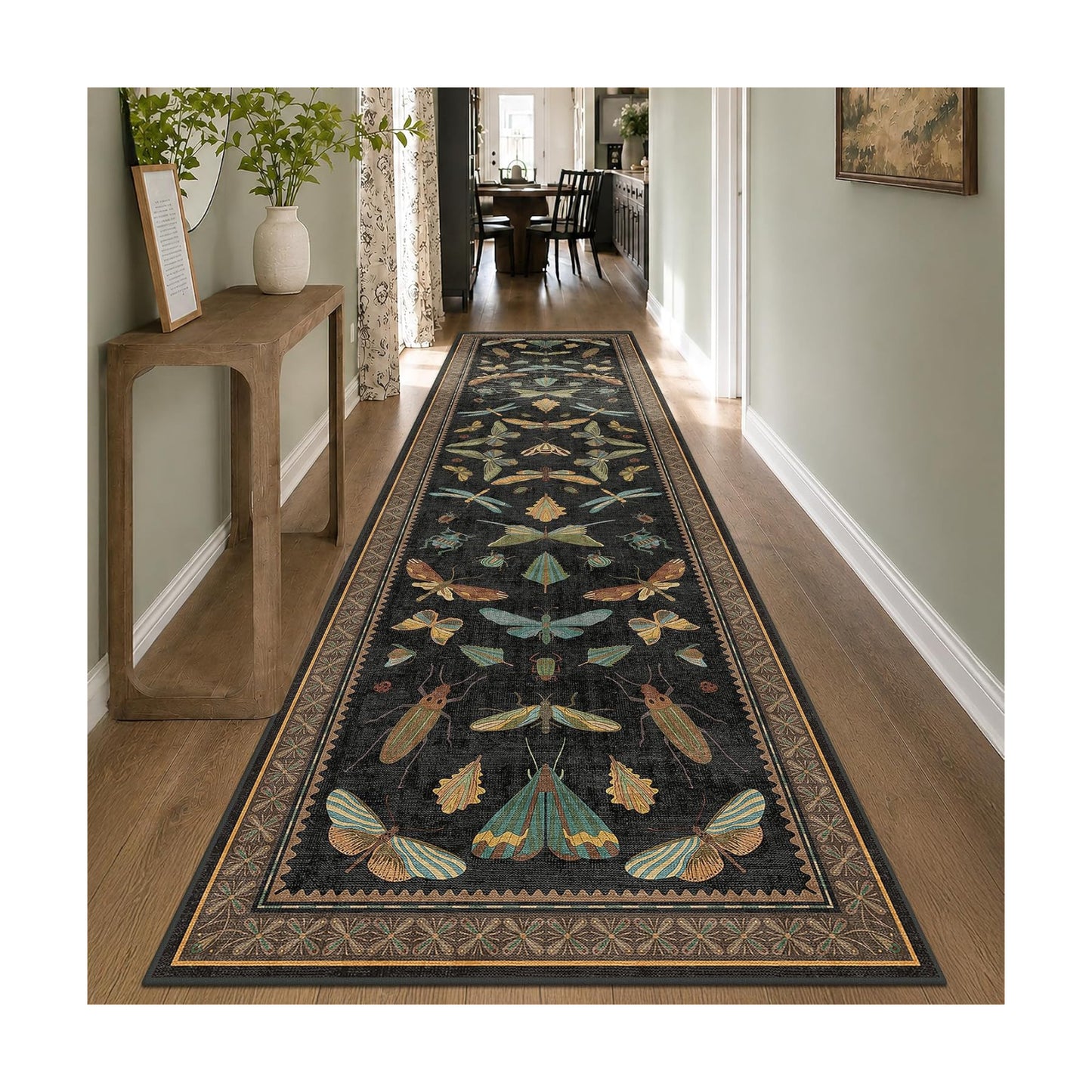 Green and Black 3x12 Long Runner Rugs for Hallway - Boho Door Rugs for Entryway Indoor Washable, 12ft Nature Insect