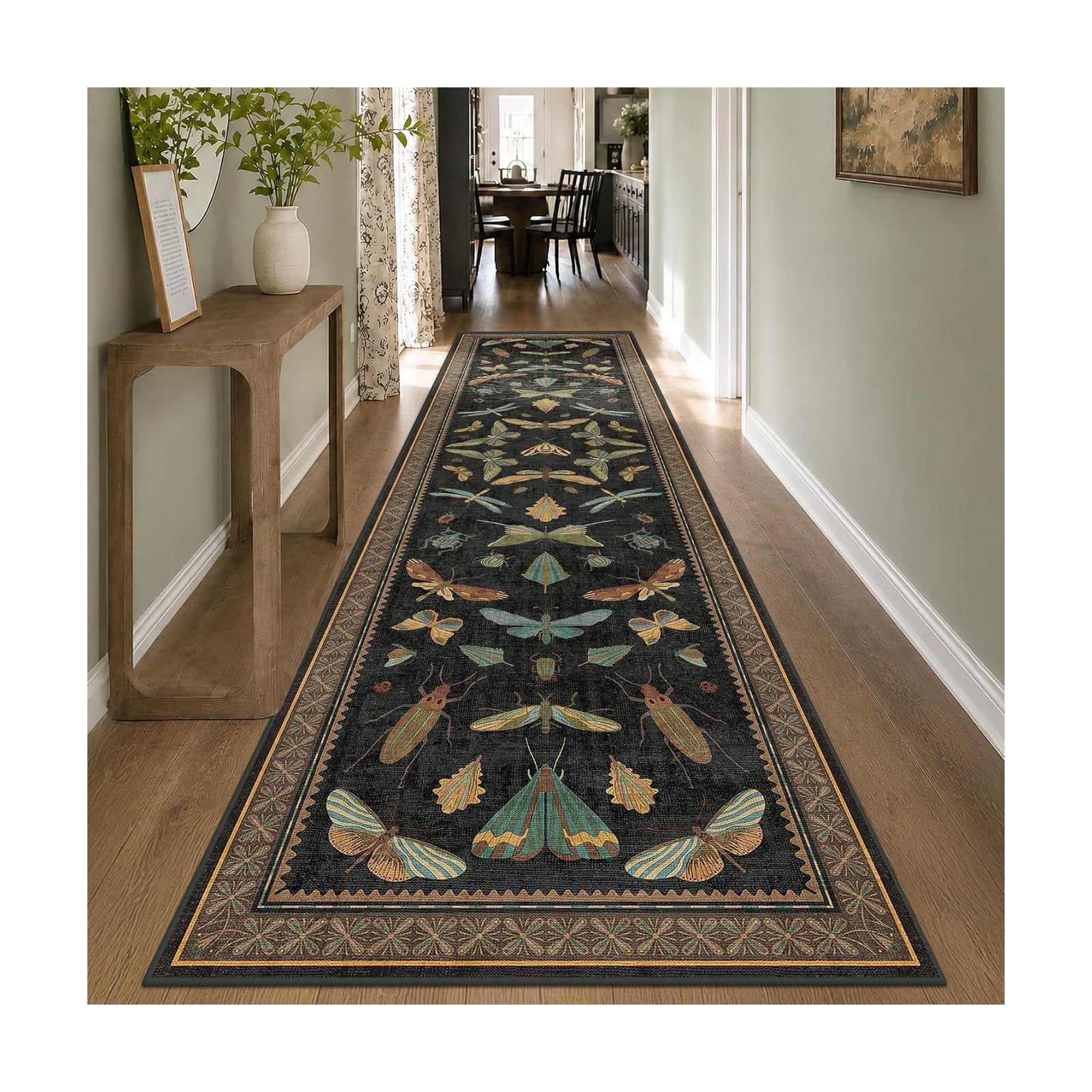 Green and Black 3x12 Long Runner Rugs for Hallway - Boho Door Rugs for Entryway Indoor Washable, 12ft Nature Insect