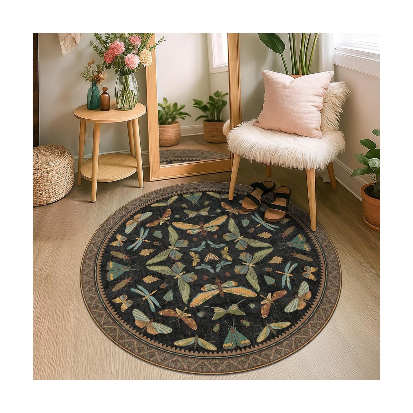 Black Boho 4ft Round Small Rugs for Entryway Non Slip - Washable Insect & Floral Rug for Living Room, Kitchen, Low Pile