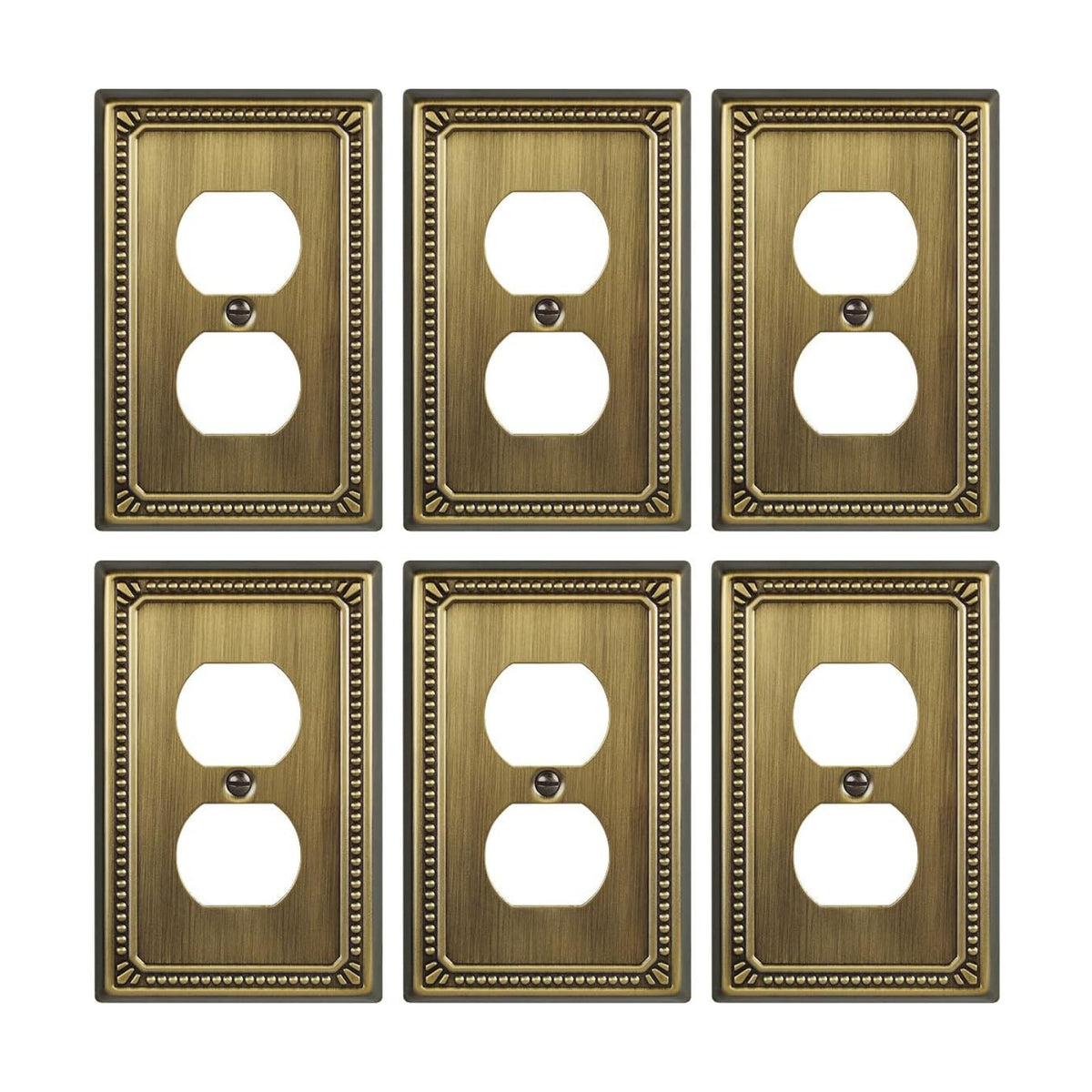 Switch Plates Outlet Covers, 6-Pack Antique Brass Metal Wall Plates | Midsize Beaded Duplex Outlet Cover, Fits Standard