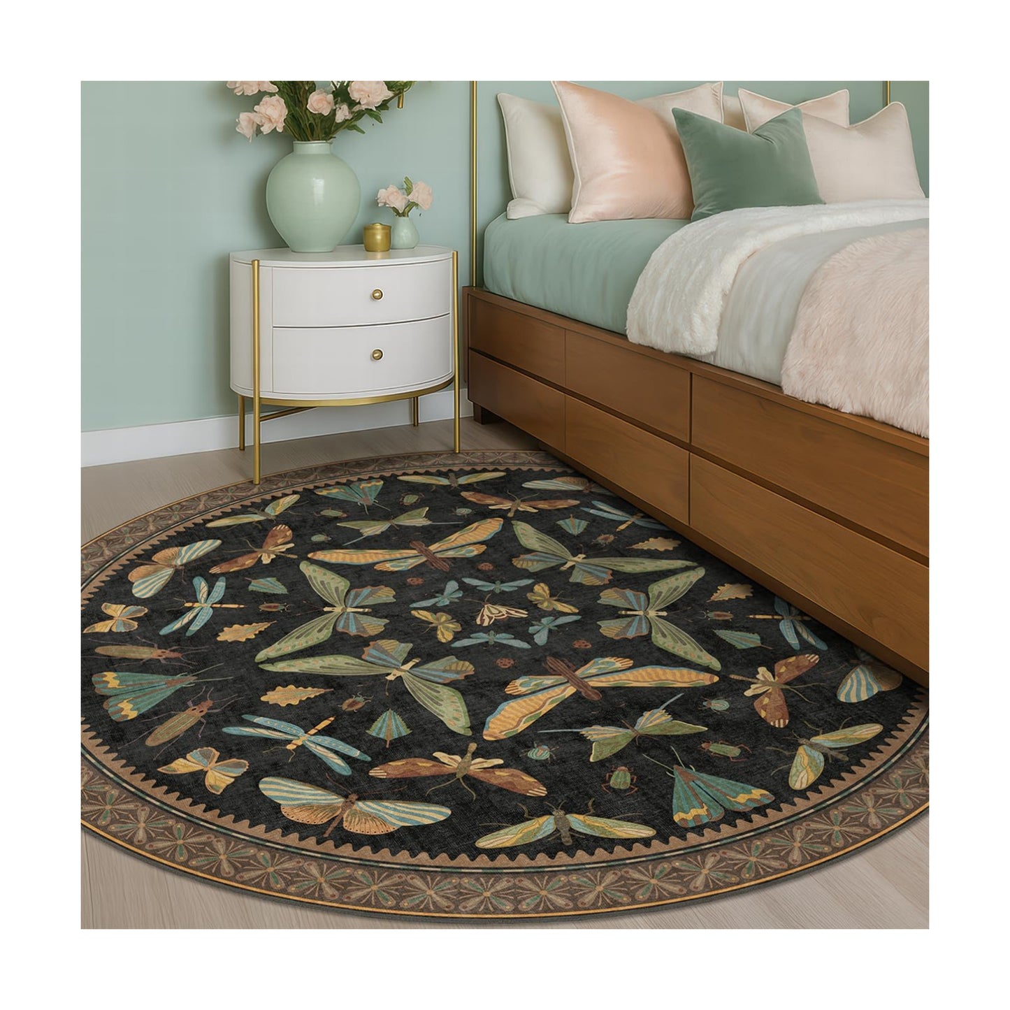Hazo Haus Washable Black 6ft Round Area Rugs for Bedroom Beside Bed - Dark Unique Insect Print Circle Rug for Living