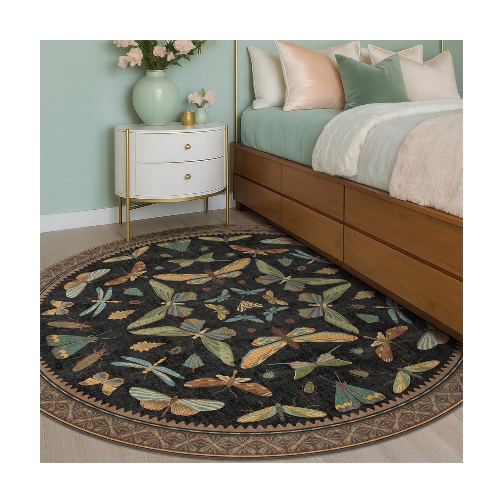 Hazo Haus Washable Black 6ft Round Area Rugs for Bedroom Beside Bed - Dark Unique Insect Print Circle Rug for Living