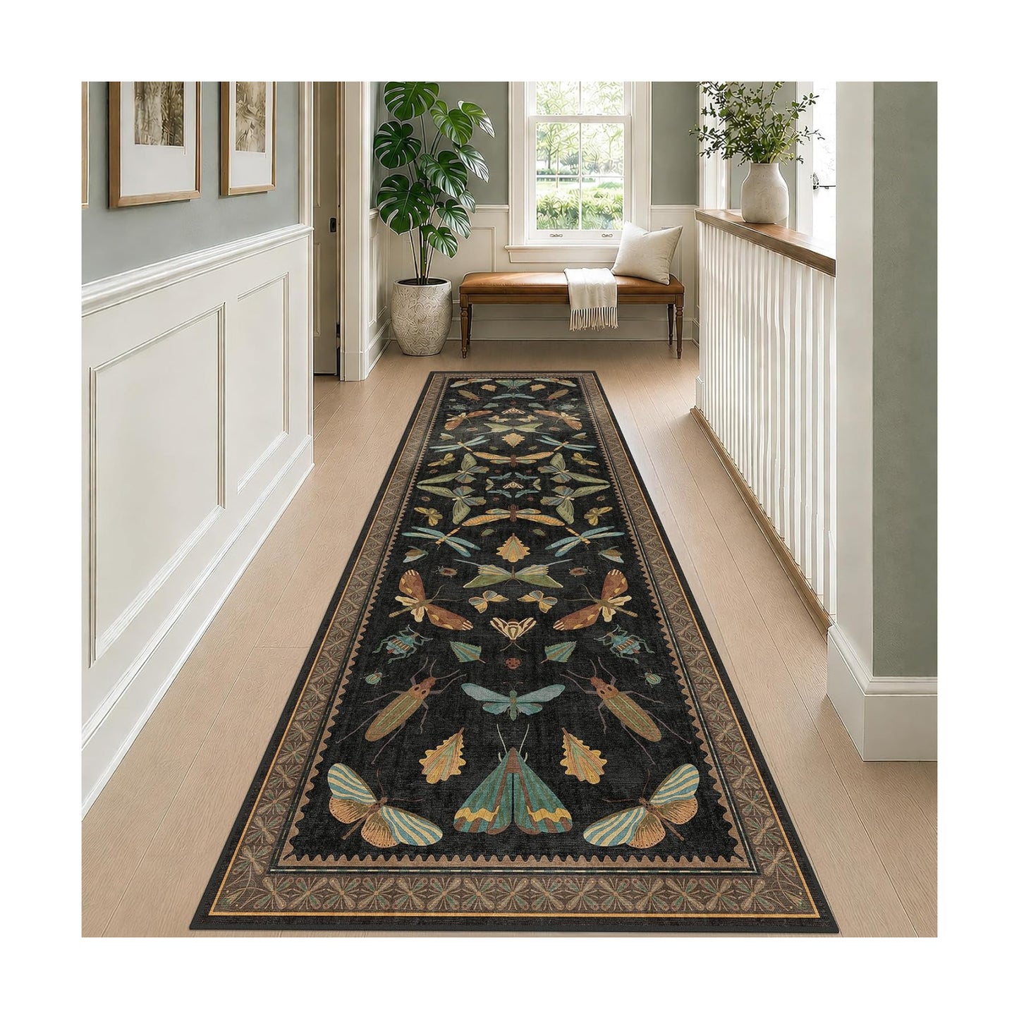 Green and Black 3x10 Wide Washable Runner Rugs for Hallway, Boho Insect Design Long Runner Rug for Kitchen Non Slip