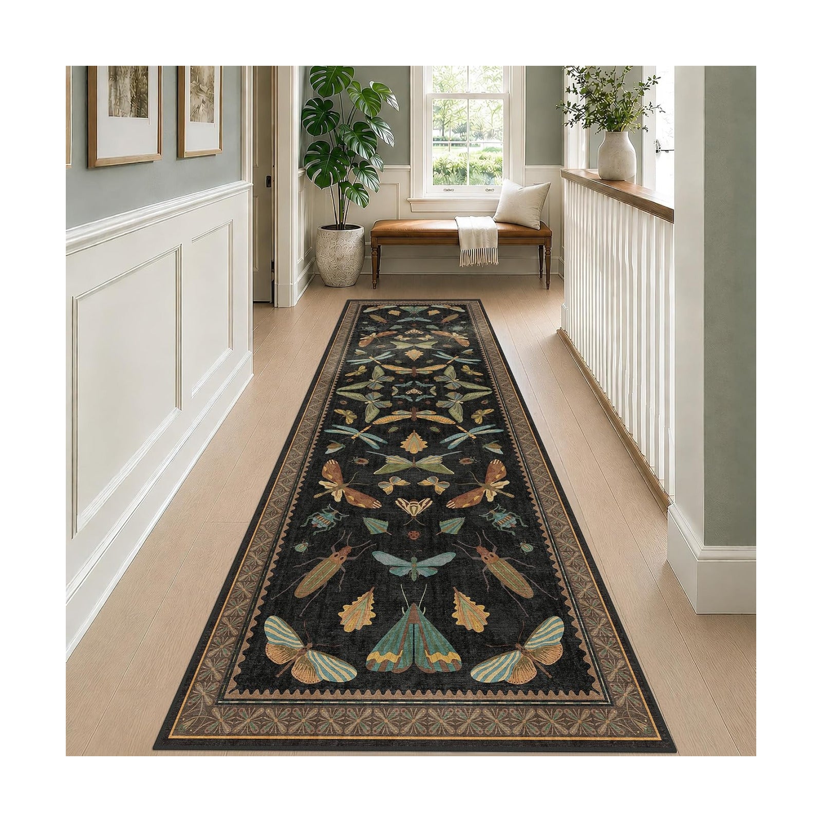 Green and Black 3x10 Wide Washable Runner Rugs for Hallway, Boho Insect Design Long Runner Rug for Kitchen Non Slip