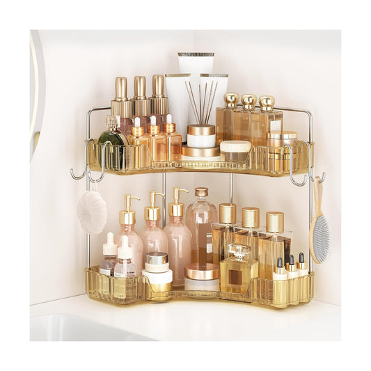 Corner Counter Organizer, 2 Tier Bathroom & Kitchen Storage Tray | PET Vanity Organizer Storage Countertop with Hooks