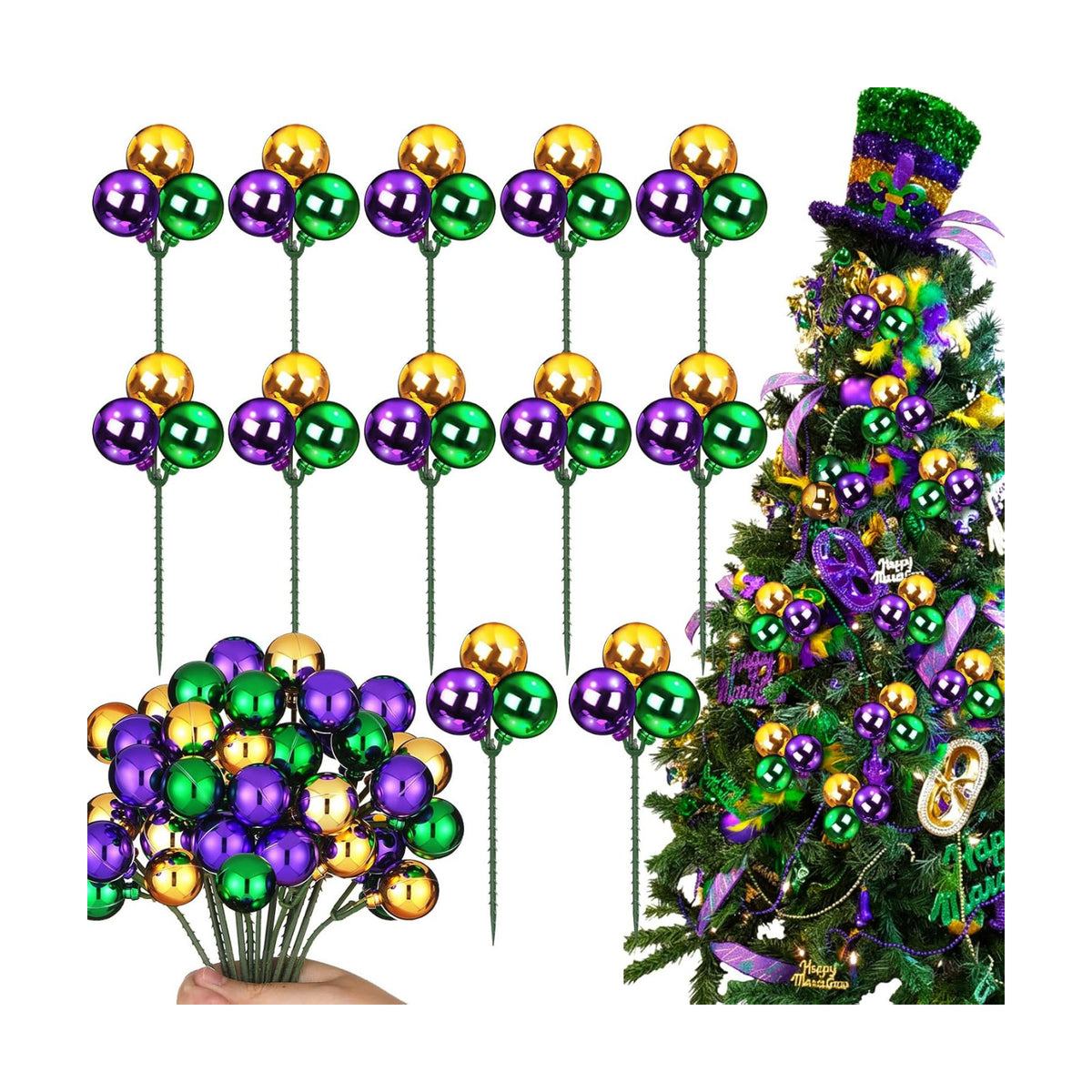 Syhood 12 Sets 7.9 Inch Mardi Gras Ball Picks and Sprays, Purple Green Gold