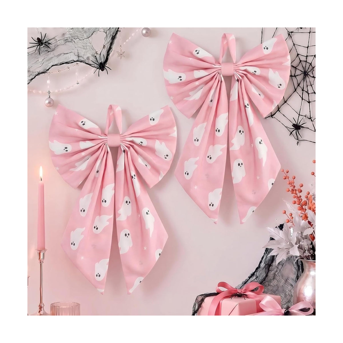 Suncalla 2 Pcs Pink Halloween Ghost Wreath Bows 18'' x 12''