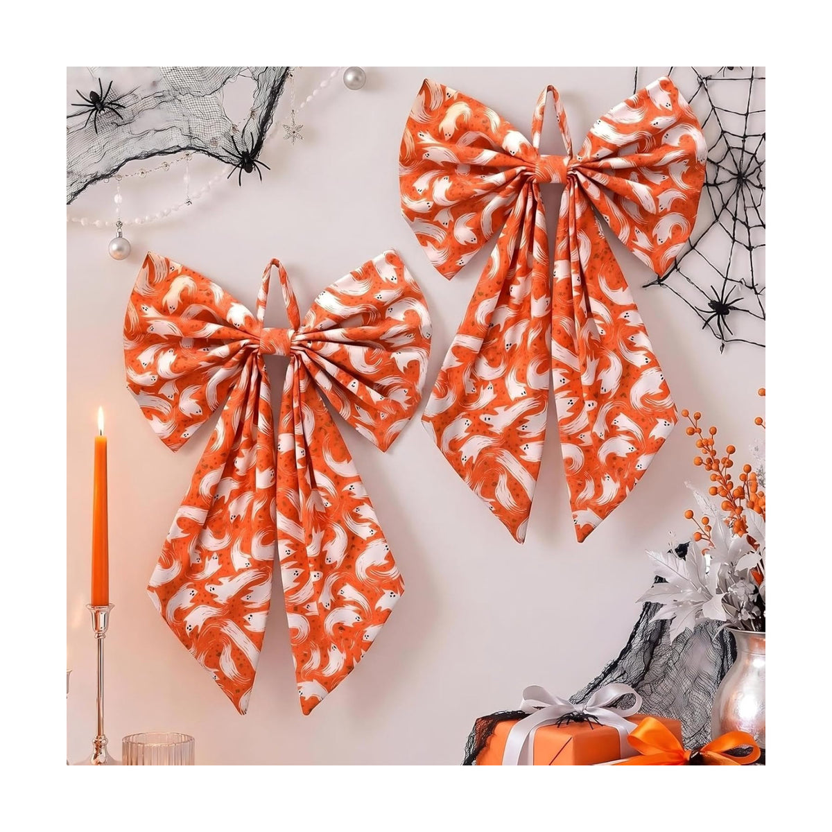 Suncalla 2 Pcs Orange Halloween Ghost Wreath Bows 18'' x 12''