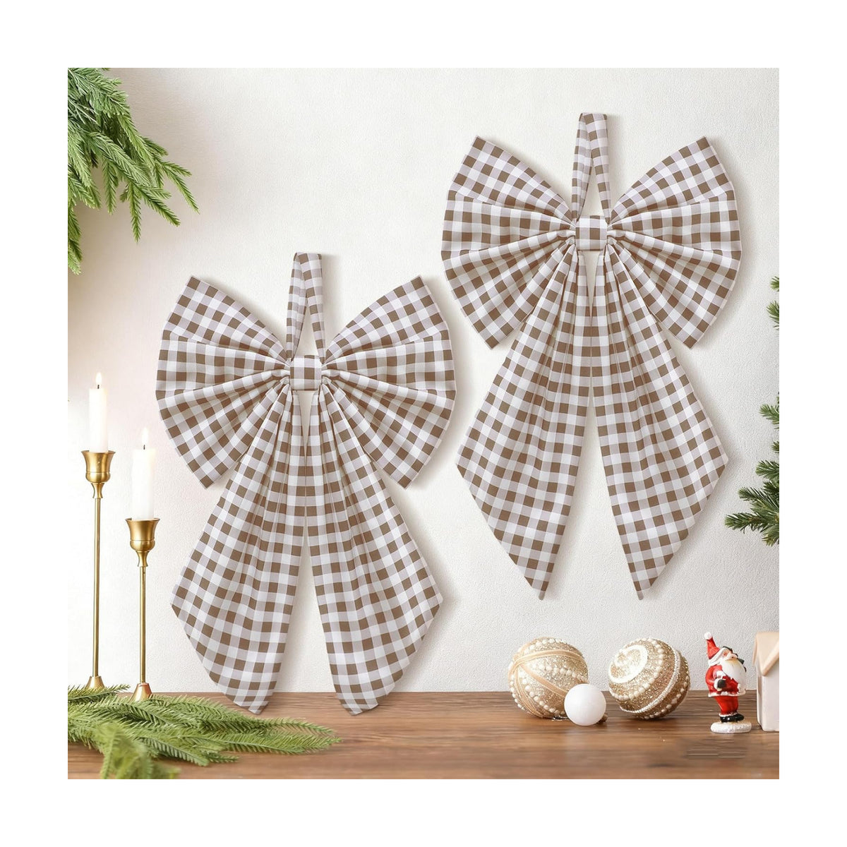 Suncalla 2 Pcs Beige Brown Christmas Gingham Wreath Bows 18'' x 12''