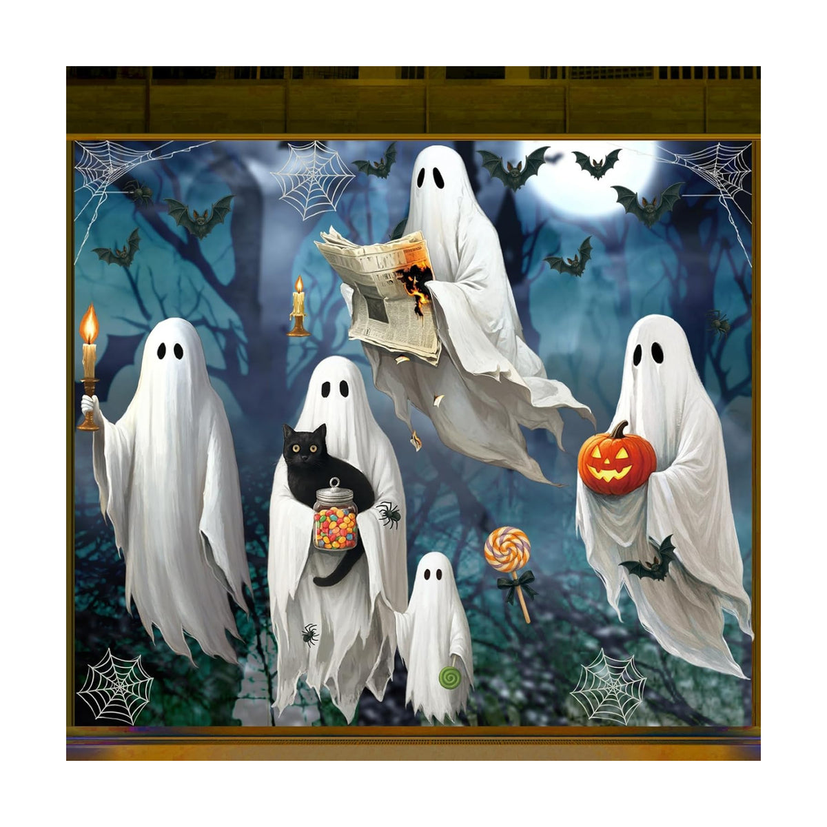 AhfuLife 4 Sheets Large Halloween Ghost Window Stickers Decorations, 16.9" x 35.4", Big Spooky Ghost Window Clings Double Side Reusable Decals for Halloween Home Bar Shop Street Party Decorations